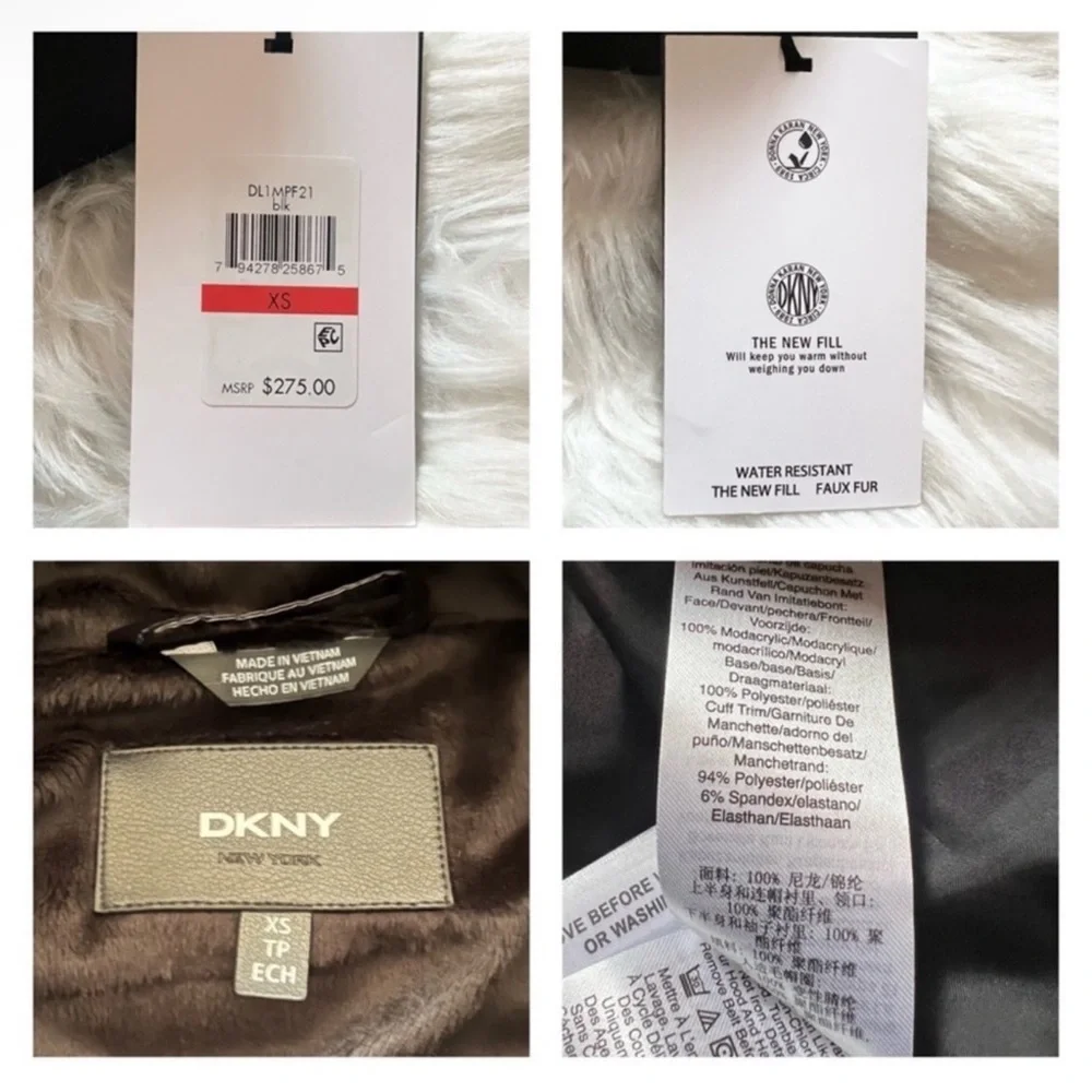 New! DKNY Black Glossy Belted Puffer Coat with Removable Faux Fur Hood - Picture 15 of 16